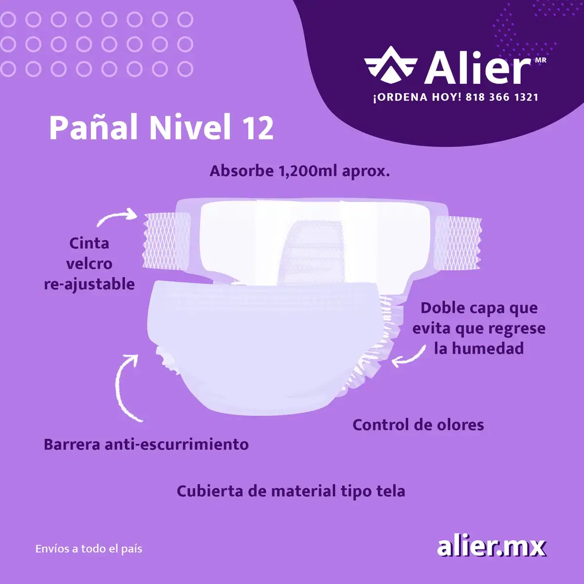 Pañal para adultos Nivel de absorción día y noche. Alier® Pañales para Adultos Nivel 12 características.