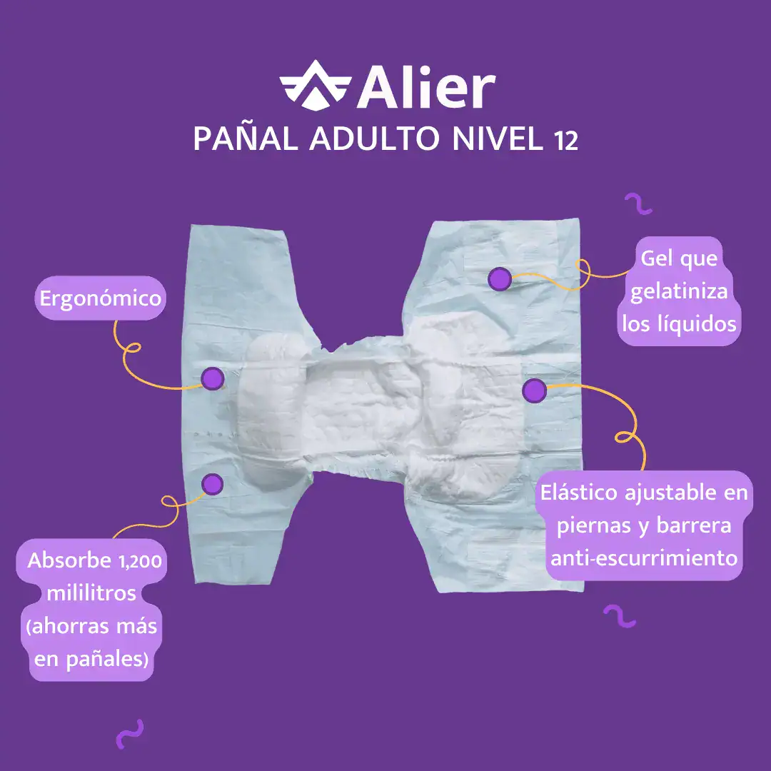 Pañal para adultos Nivel de absorción 12 día y noche. Alier® Pañales para Adultos Nivel 12 características.