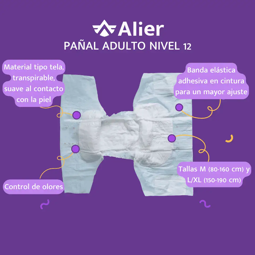 Pañal para adultos Nivel de absorción 12 día y noche. Alier® Pañales para Adultos Nivel 12 características.