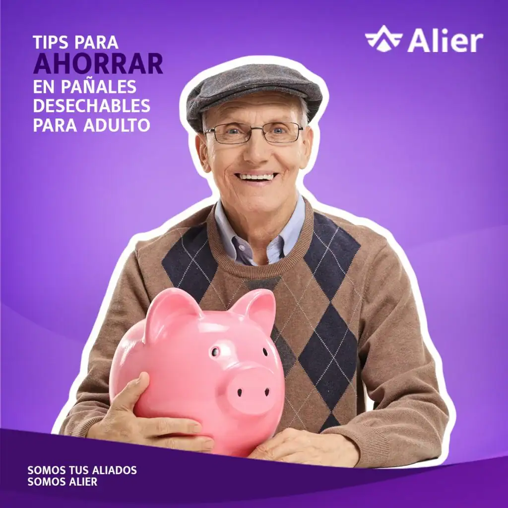 Adulto mayor sosteniendo un cerdo de ahorro. Fondo morado. | Alier® Pañales para Adultos - Tips para Ahorrar en Pañales Desechables para Adulto