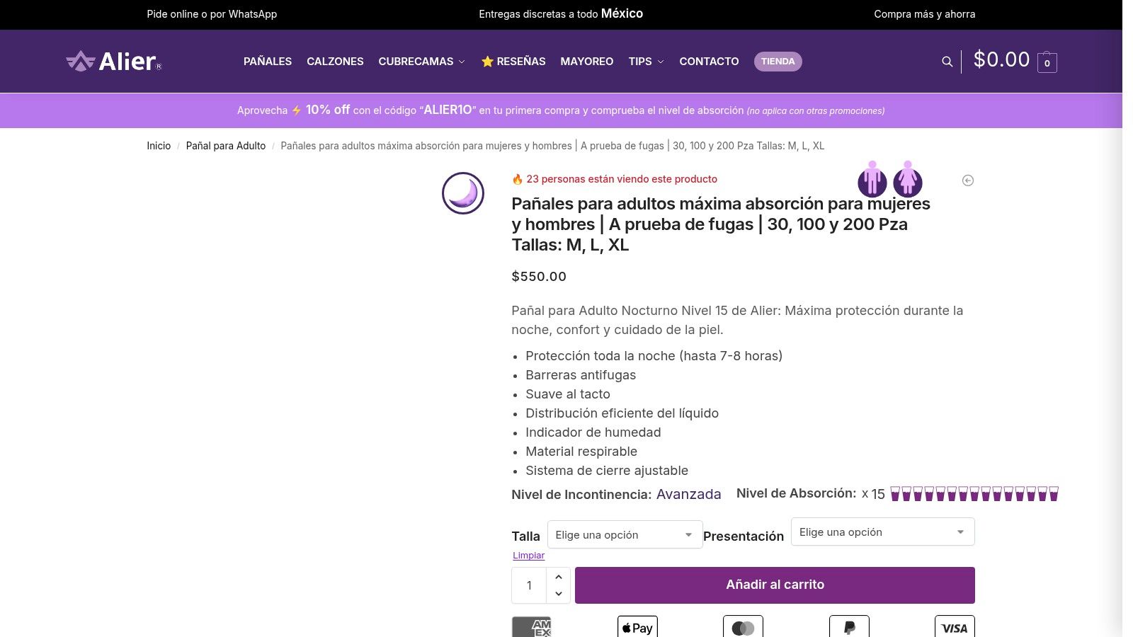Screenshot from https://staging.alier.mx/panal-para-adulto/panal-para-adulto-maxima-absorcion/?utm_source=WooCommerce%20Product%20Catalog%20Feed&utm_medium=Catalog&utm_campaign=xml&utm_content=Facebook%20Product%20Catalog&utm_term=Alier%20Facebook
