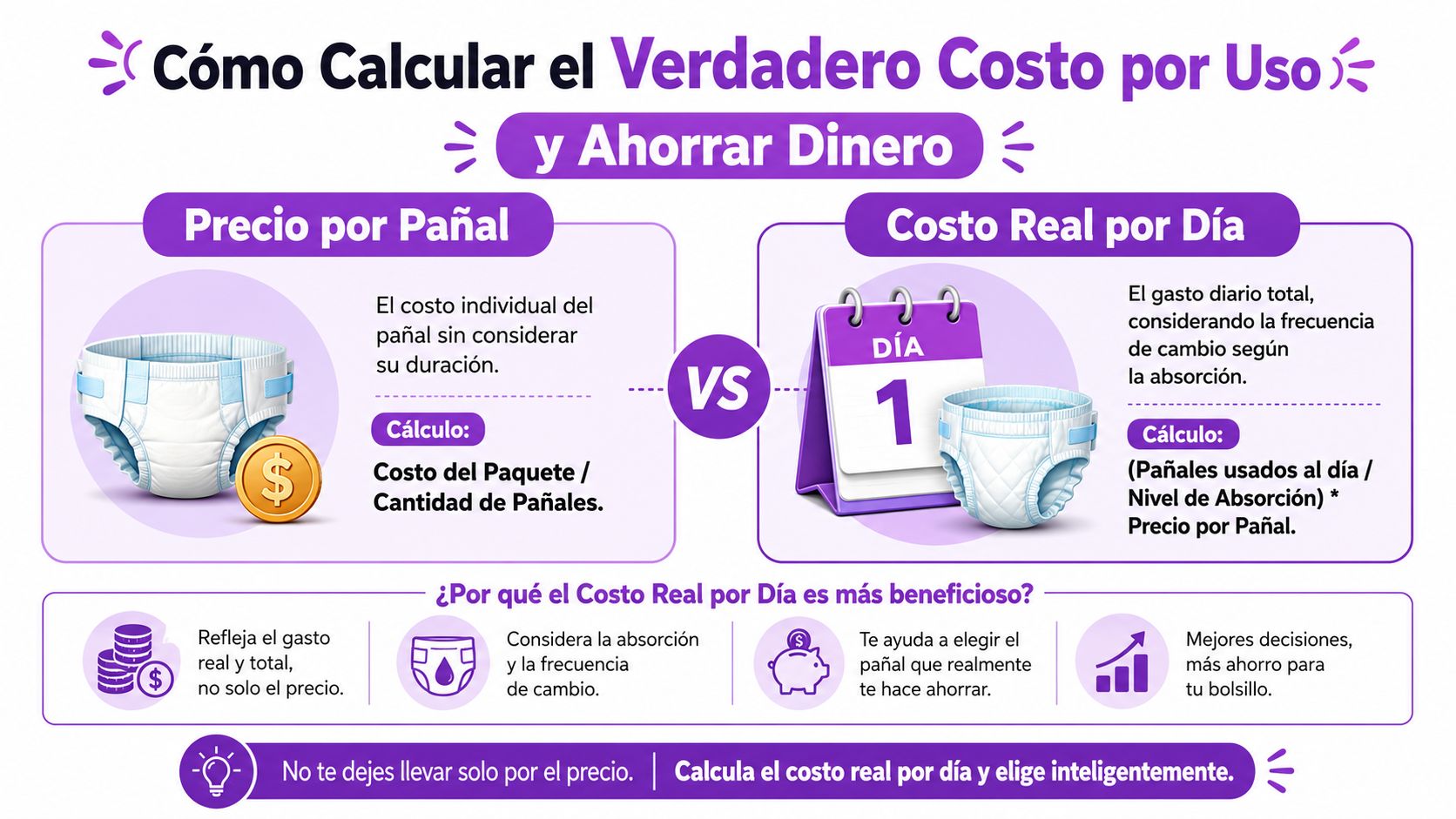 Infografía que explica cómo calcular el costo real de los pañales por día para ahorrar dinero.