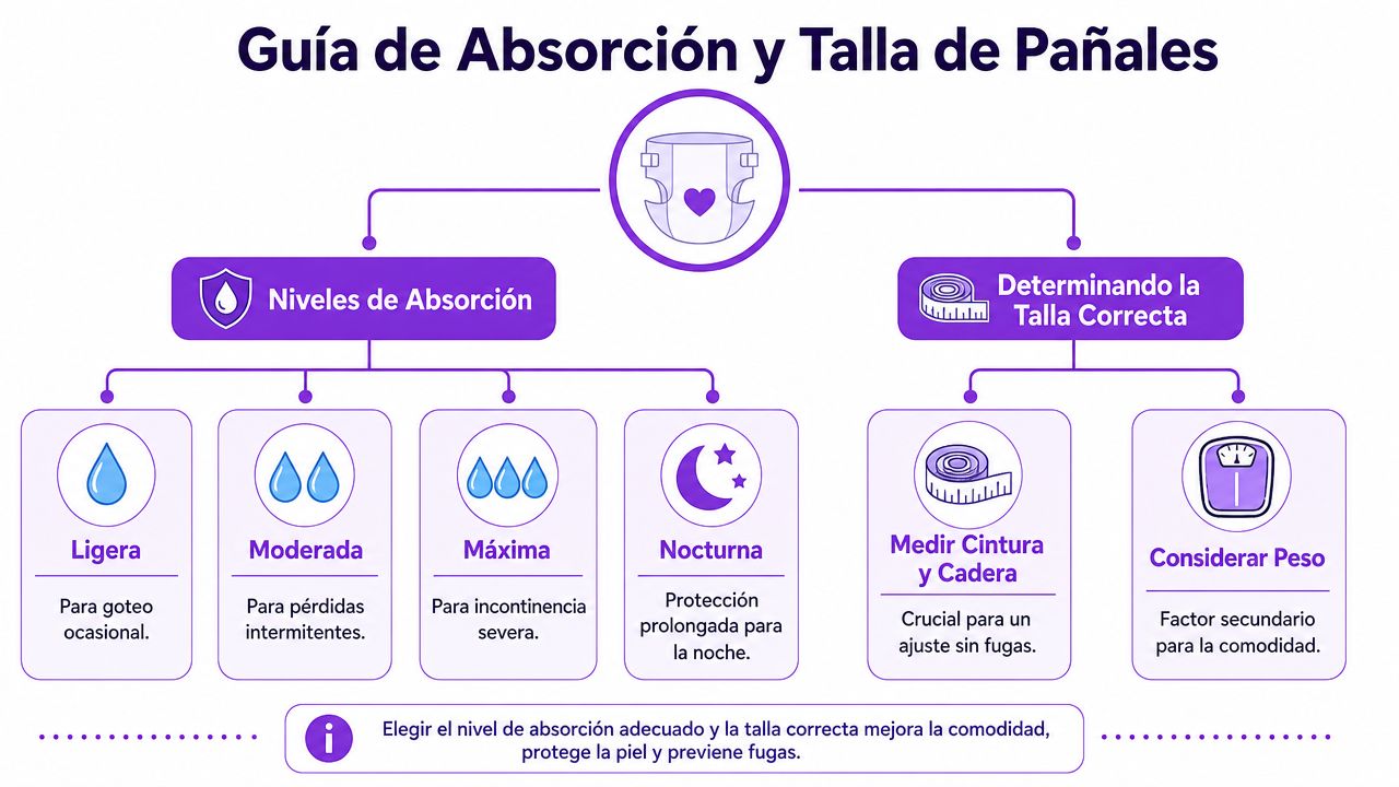 Guía visual que explica los diferentes niveles de absorción y cómo seleccionar la talla correcta de pañales.