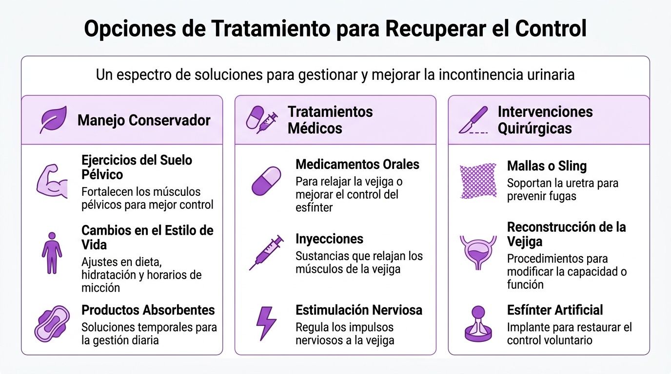 Infografía con opciones de tratamiento para la incontinencia urinaria, incluyendo métodos conservadores, médicos y quirúrgicos.