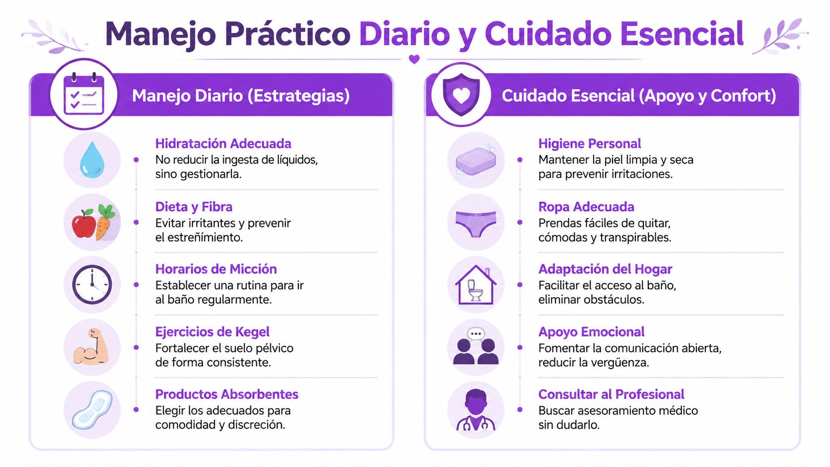 Infografía sobre manejo diario y cuidado esencial para personas con incontinencia, incluyendo estrategias prácticas y consejos de bienestar.