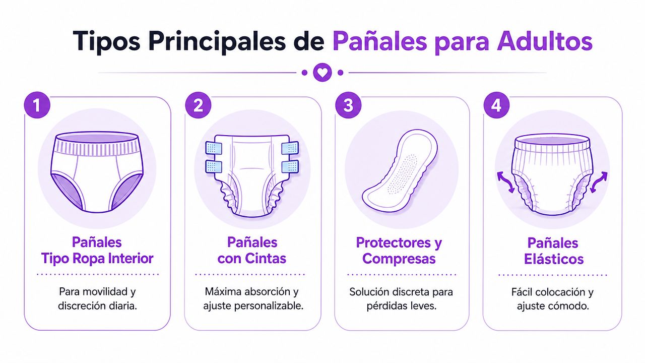 Infografía que muestra cuatro tipos principales de pañales para adultos con sus características y beneficios clave.